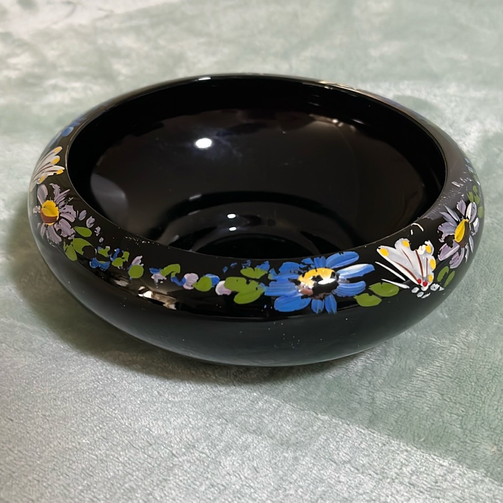 Vintage LE Smith Black Amethyst Glass Bowl Hand Painted Floral UV Glow 1950s